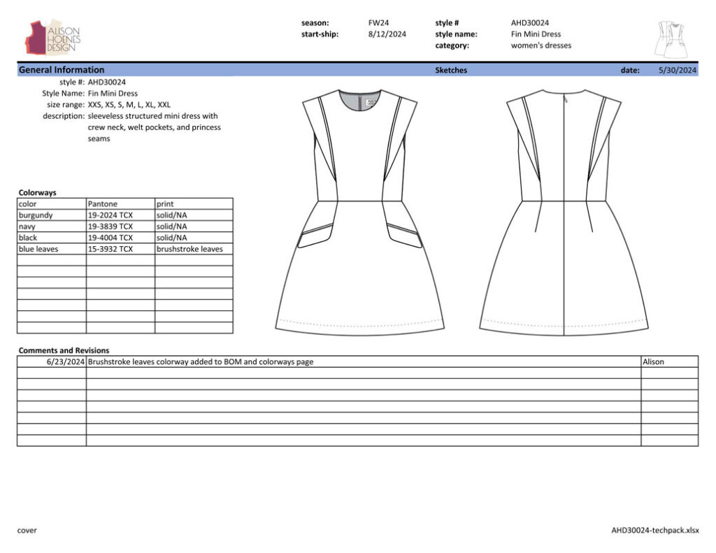 Alison Hoenes Design tech pack example - cover page