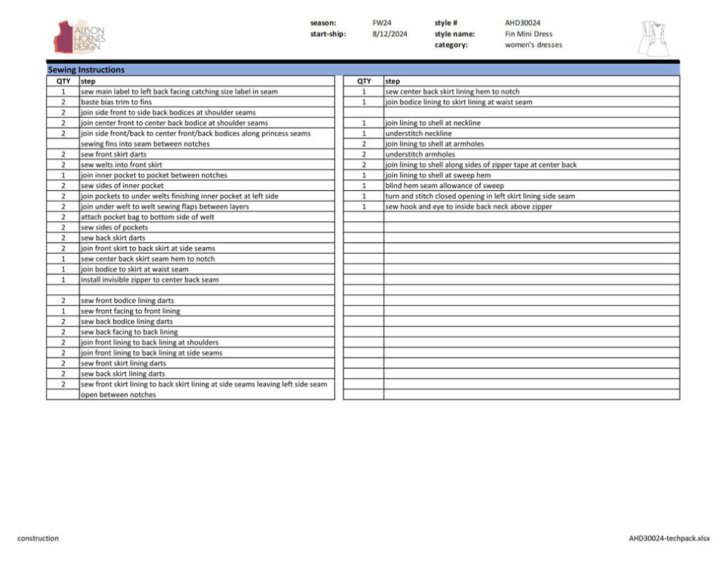 Alison Hoenes Design tech pack example - sewing order of operations