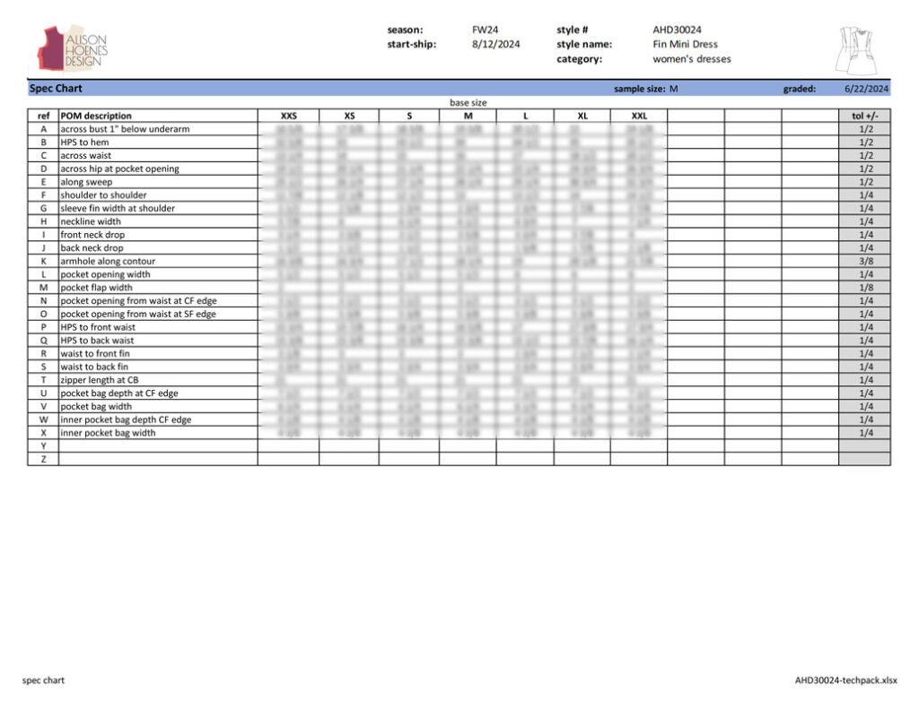 Alison Hoenes Design tech pack example - graded spec sheet