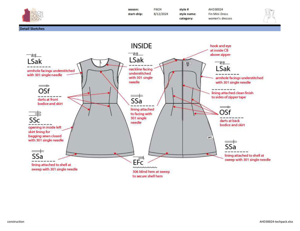 Alison Hoenes Design tech pack example - inside technical callouts