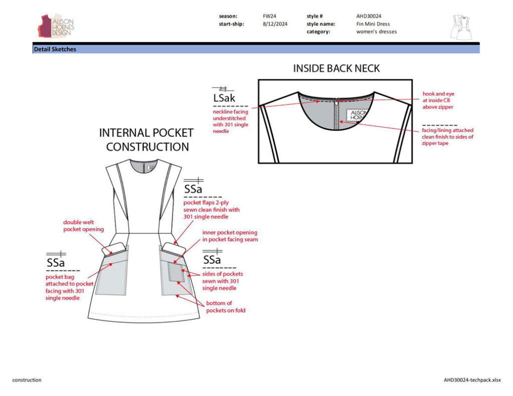 Alison Hoenes Design tech pack example - close-up detail callouts
