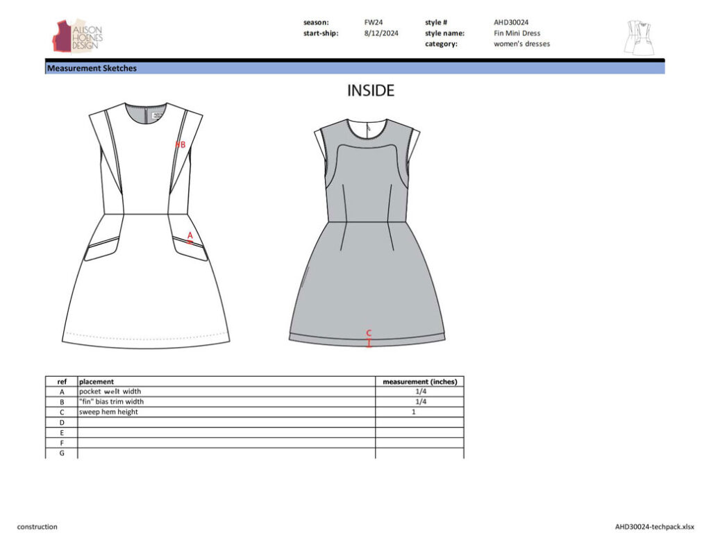 Alison Hoenes Design tech pack example - hems