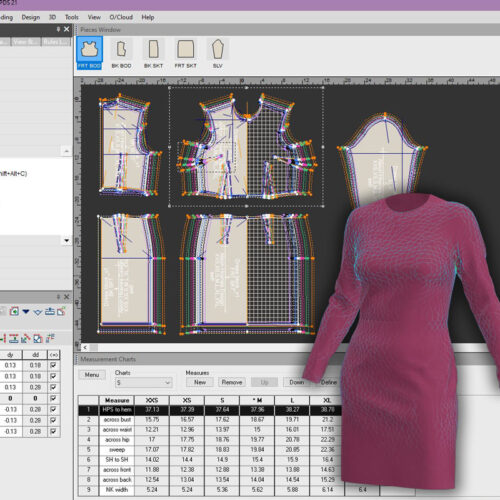 women's graded dress pattern in Optitex patternmaking software with Clo3D stress map dress rendering