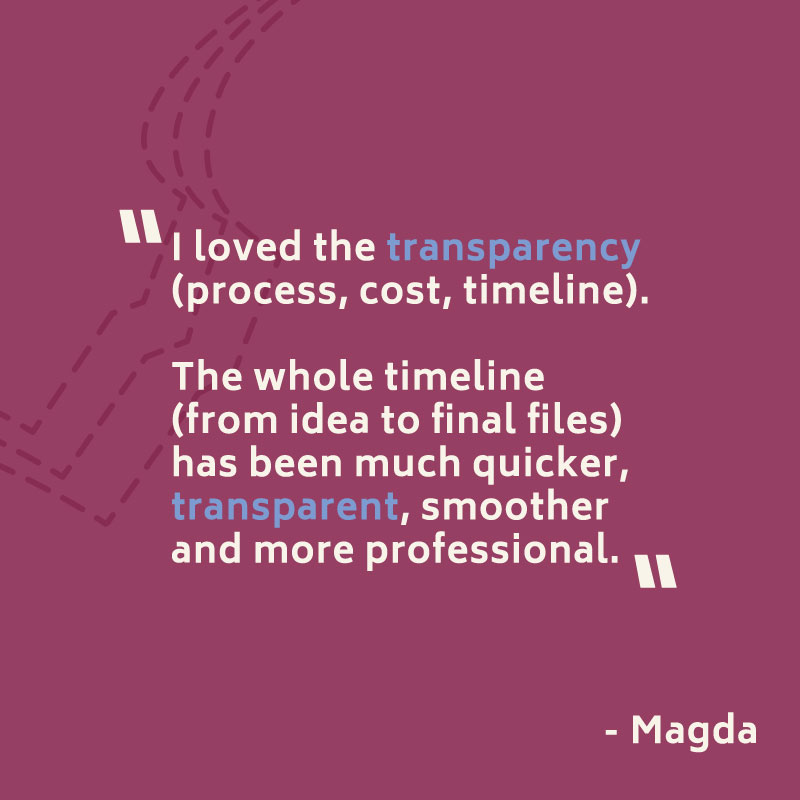 "I loved the transparency (process, cost, timeline). The whole timeline (from idea to final files) has been much quicker, transparent, smoother, and more professional." -- Magda