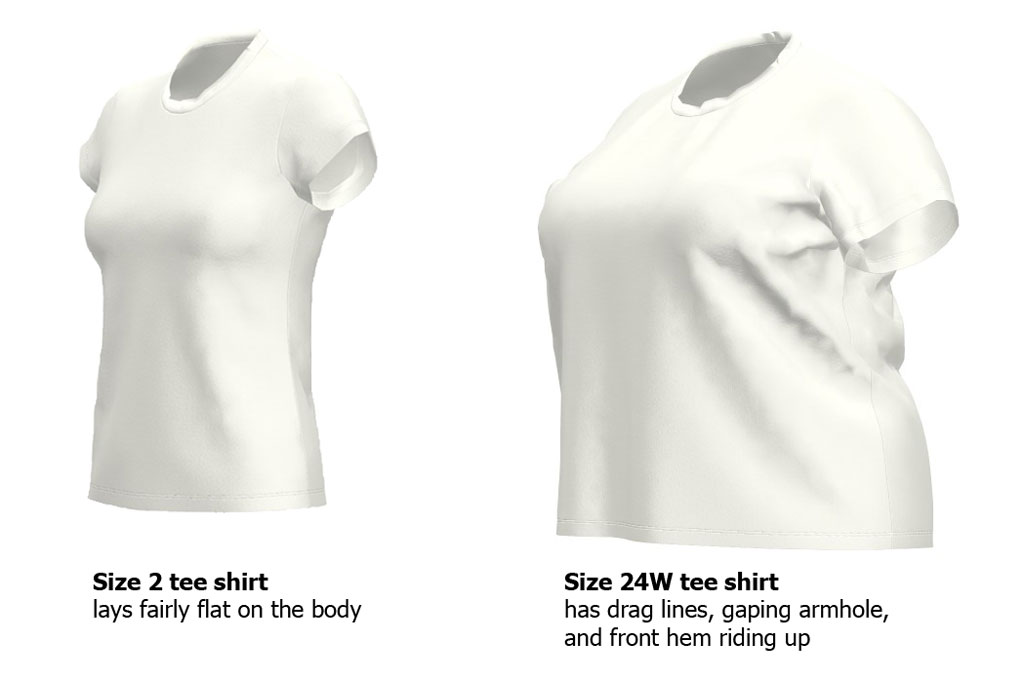 Size 2 versus size 24W tee shirt fit comparison.