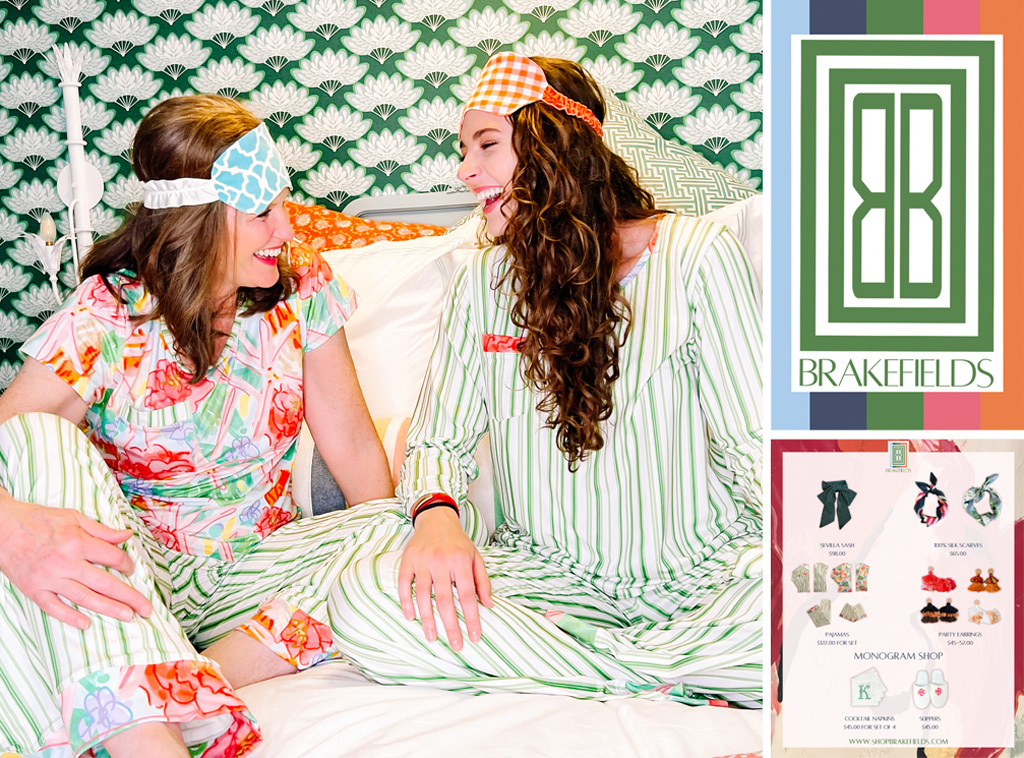 Stephanie and Mary Cayten Brakefield wearing Brakefield custom pajama sets and sleep masks sitting on a bed with patterned pillows.
