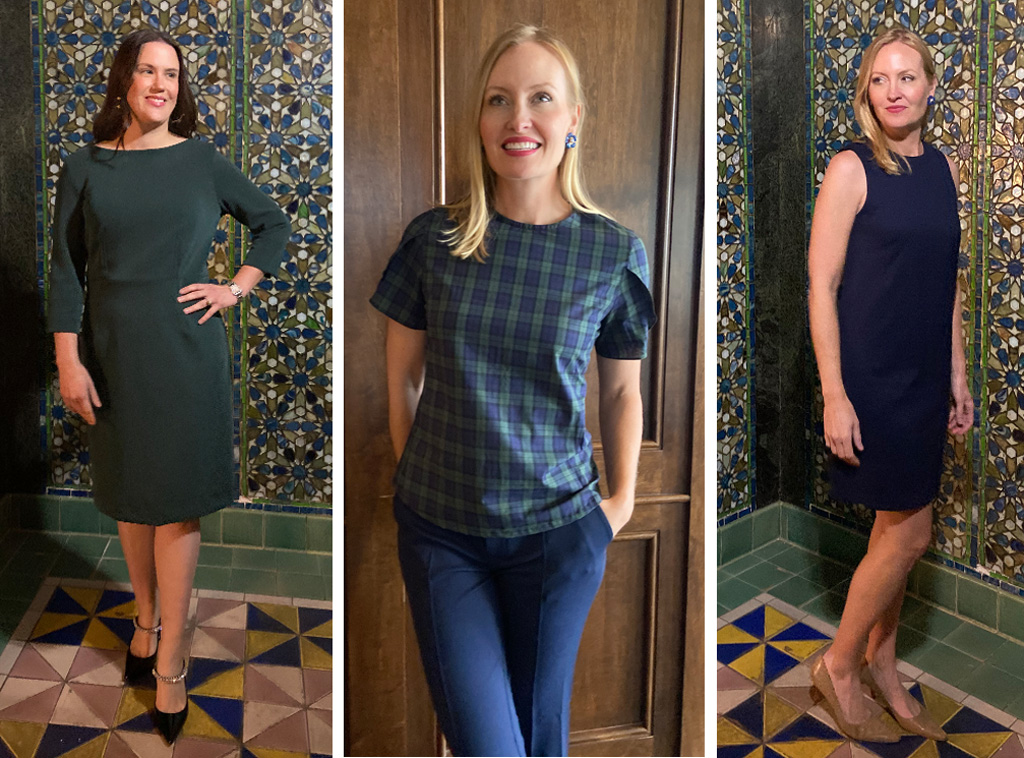J. Margaret Weaver professional clothing for women. Left to right: Barbara dress, Connie top, Ann trousers, Magpie shift dress.