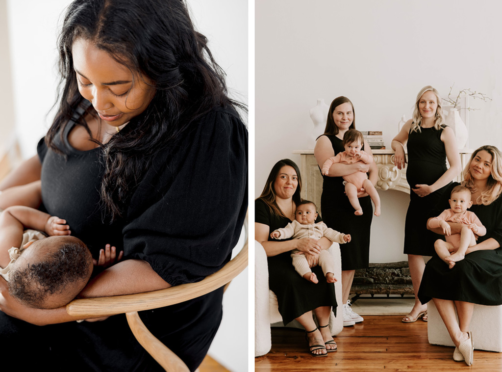 Left: Mother breastfeeding her baby in a MLM brand black nursing-friendly dress. Right: Three moms and a mom-to-be holding their babies and wearing MLM brand's little black breastfeeding dress.