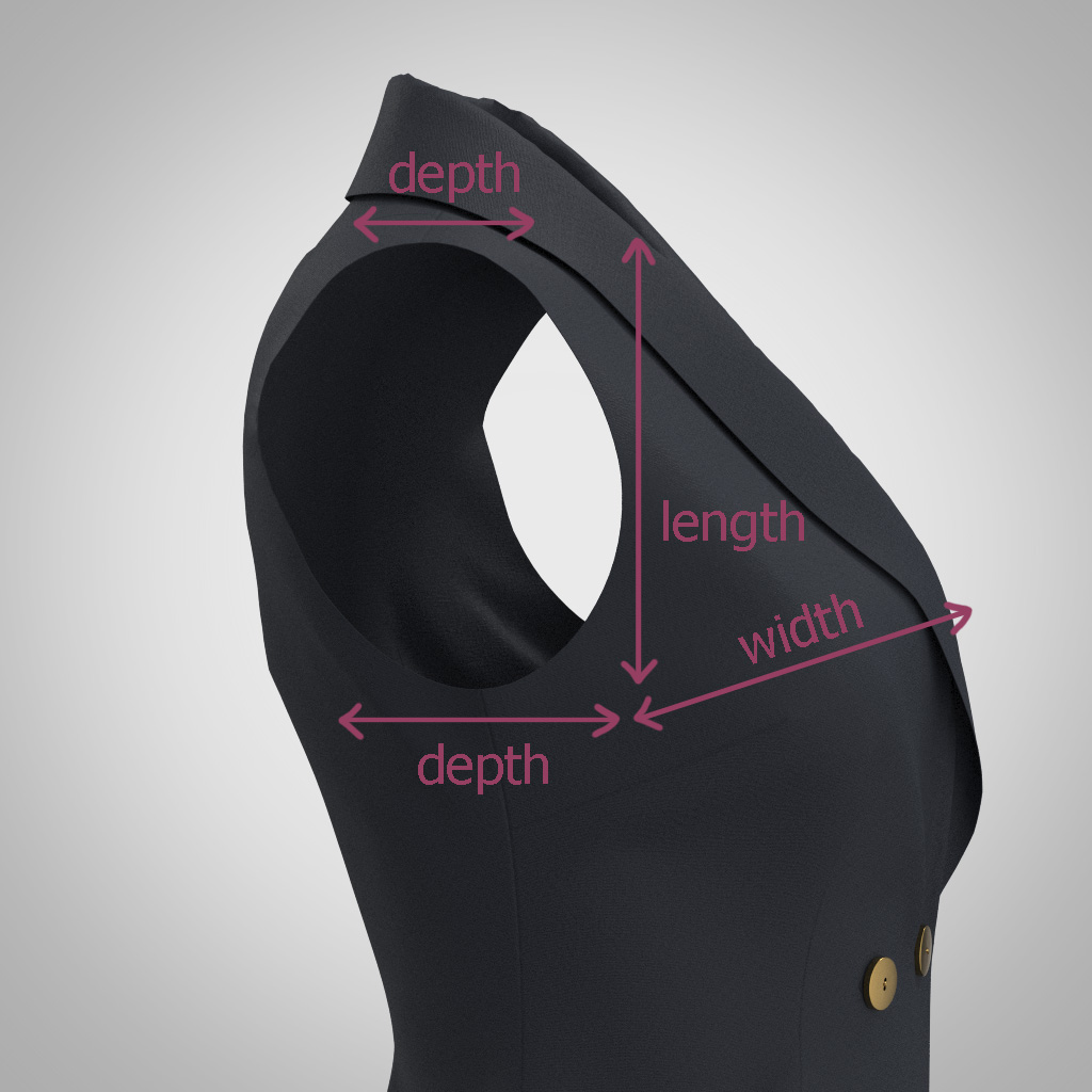Diagram of armhole depth and length shown on a 3D rendering of a sleeveless blazer dress.