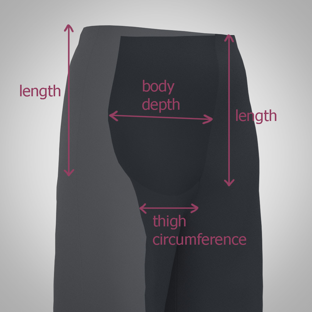 Diagram of rise depth and length shown on a 3D image of a wide leg pant.
