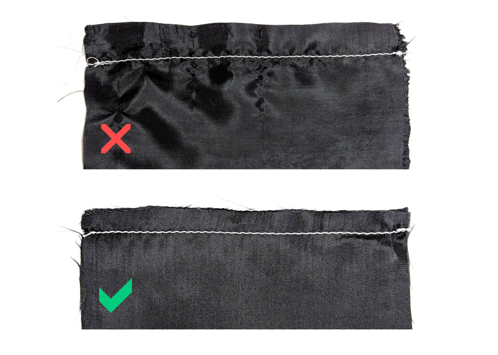 Top: wrong needle size or type snagged the fabric
Bottom: the correct needle size and type for this fabric was used which didn't damage fabric